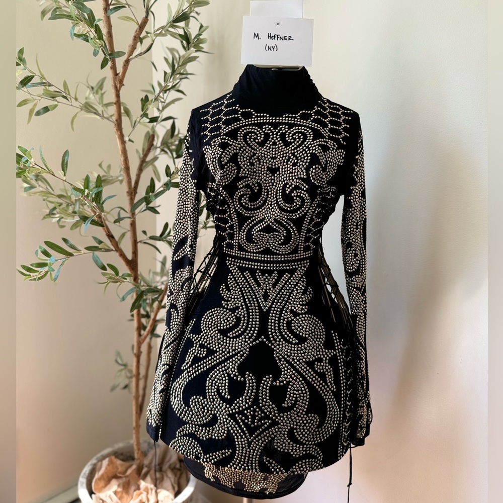 Black/Gold Long Sleeve Embellished Rhinestone Dress With Side Openings